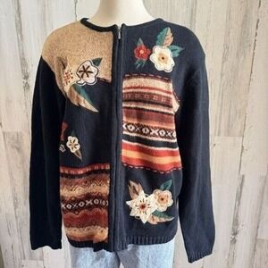 Vintage Fall Sweater leaves berries whimsical large grandma‎ core patchwork